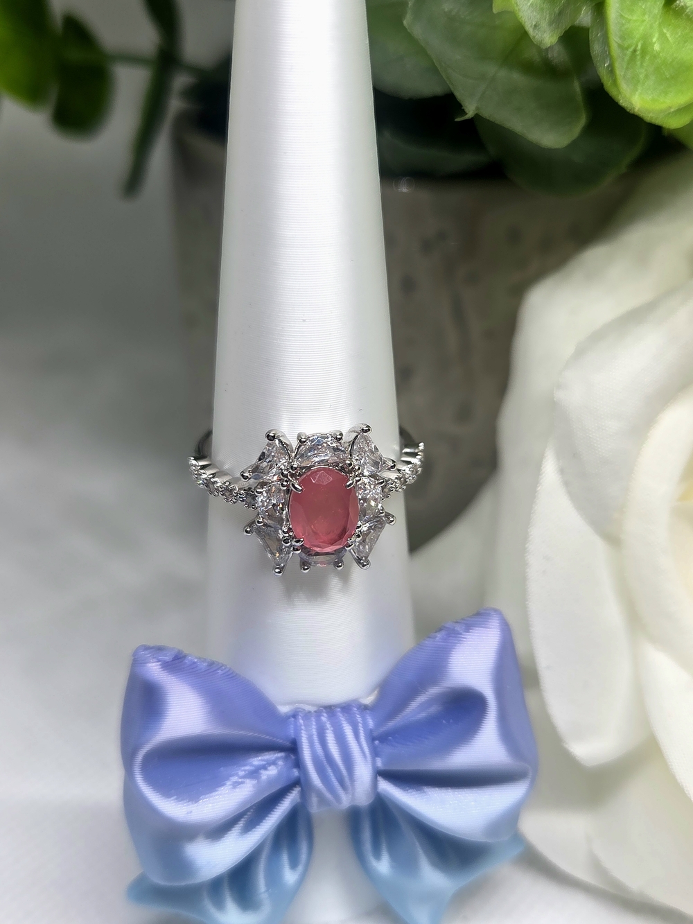 BP Pink Oval Halo Ring On Rhodium Plating